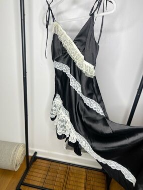 Black Satin Slip Dress with Cream Lace Trim